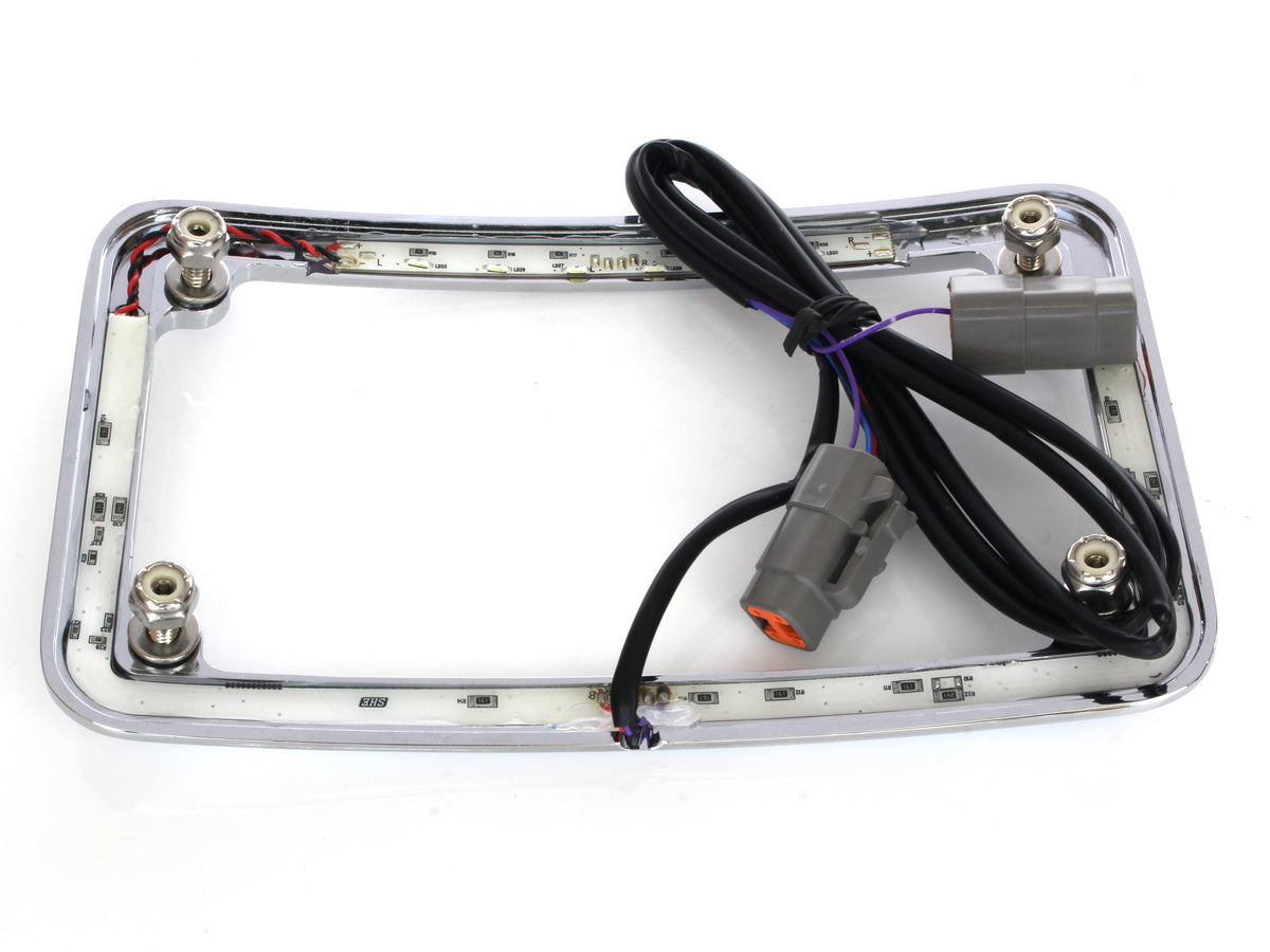 Curved Slick Signal Run, Turn, Brake & Number Plate Frame - Chrome. Fits Softail 2011-2017.