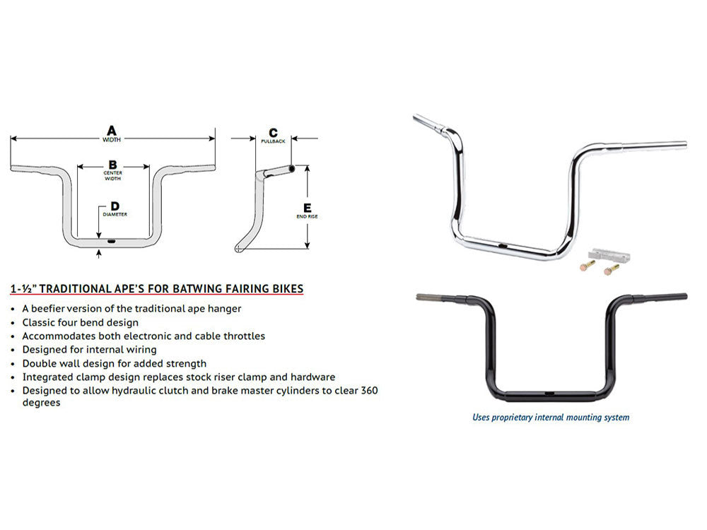10in. x 1-1/2in. Grande Traditional Ape Handlebar - Gloss Black. Fits Ultra Models 2014up and Street Glide 2014-2023