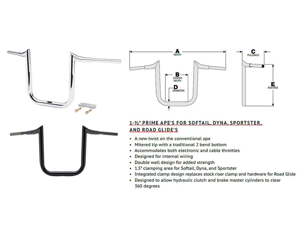 12in. x 1-1/2in. Grande Prime Ape Handlebar - Chrome.