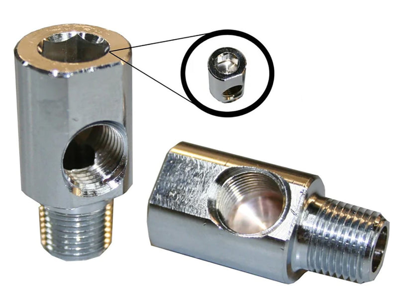 90 degree Elbow Oil Fitting with 1/8in. NPT Male Thread & x 1/8in. NPT Female Thread.