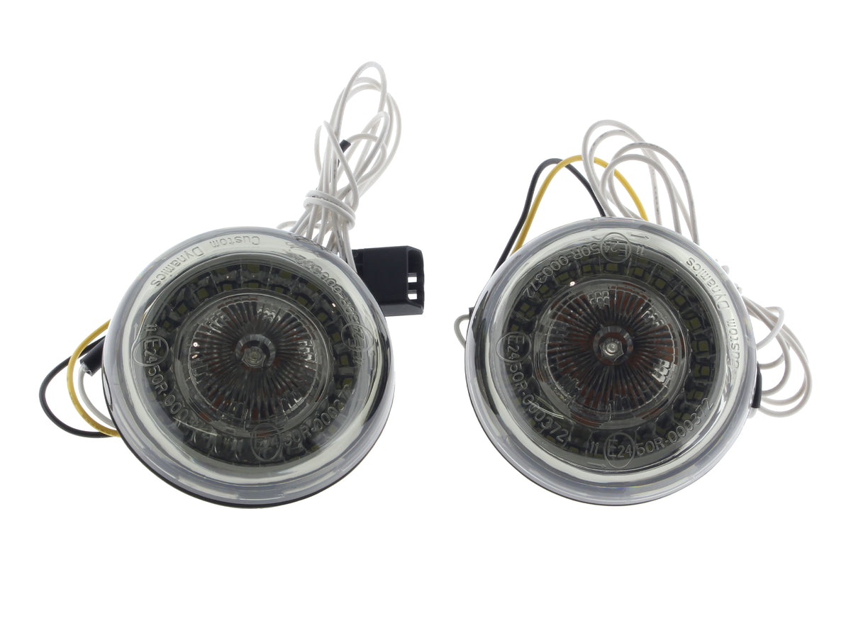 ProBeam LED Front Turn Signal Inserts. Amber Turn, White Run with Smoke Lenses. Fits CVO Touring 2016up Models.