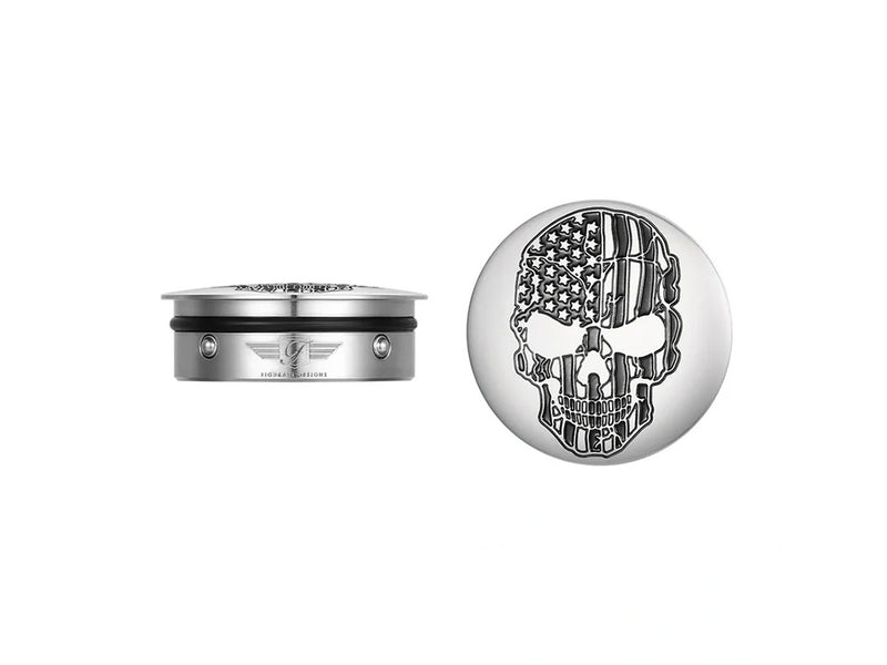 Swingarm Pivot Bolt Covers - Stainless with American Flag Skull. Fits Touring 2011up