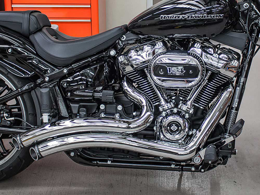Sharp Curve Radius Exhaust - Chrome with Black End Caps. Fits Softail 2018up with Non-240 Rear Tyre