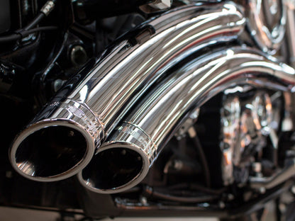 Radical Radius Exhaust - Chrome with Chrome End Caps. Fits Softail 2018up with Non-240 Rear Tyre