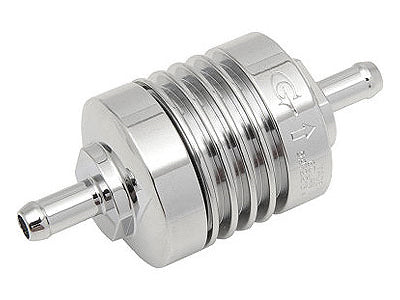Washable Mini Inline Fuel Filter. 1/4in. Hose x 1.5in. long. Billet Aluminium.