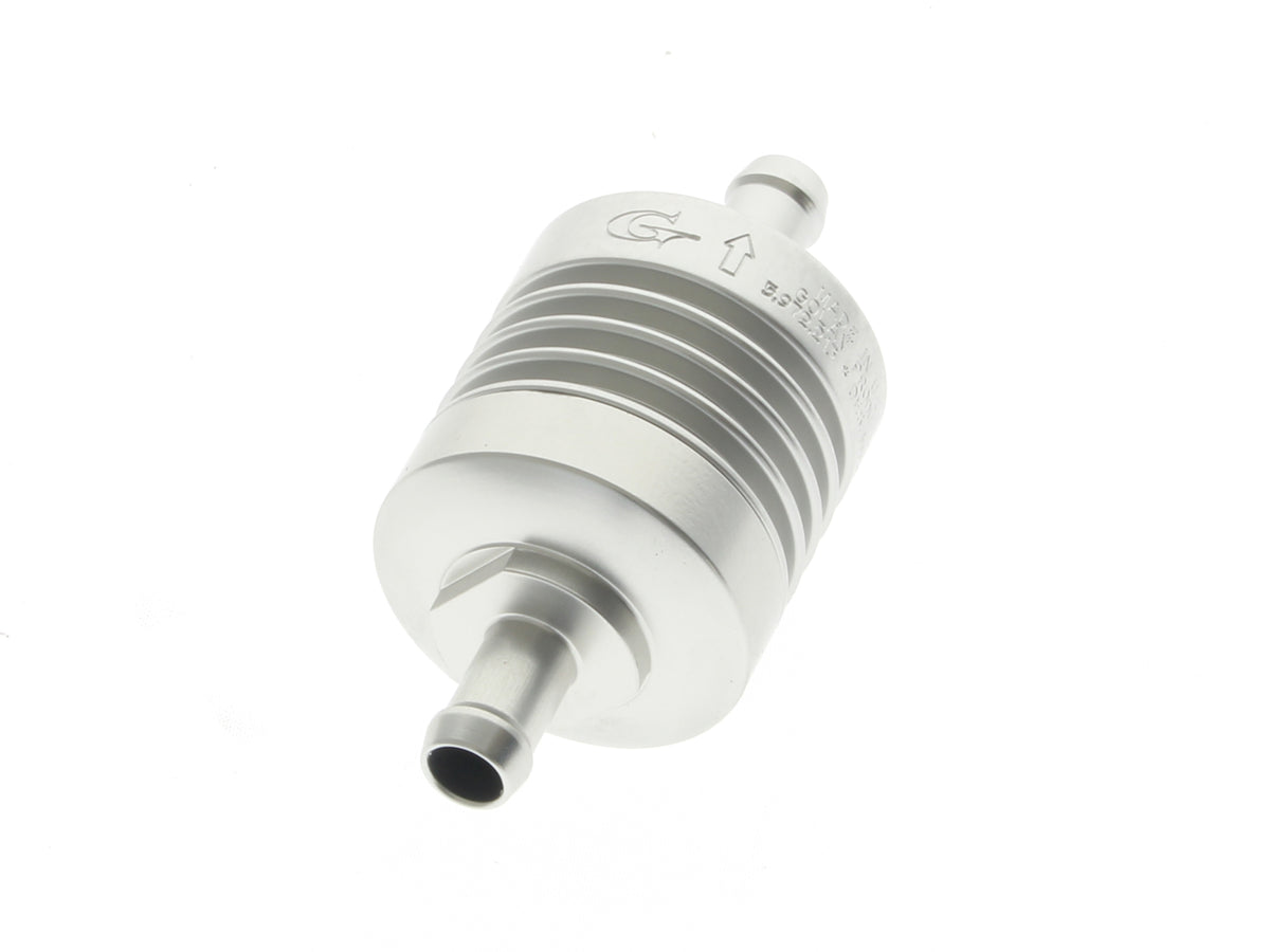 Washable Mini Inline Fuel Filter. 5/16in. Hose x 1.5in. long. Billet Aluminium.