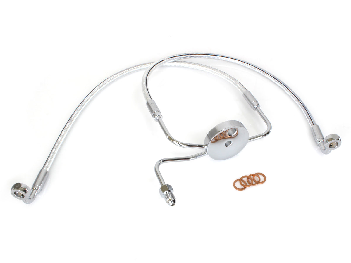 Lower Front Brake Line with T-Piece - Sterling Chromite. Fits Sportster & Dyna Models with Dual Front Calipers.