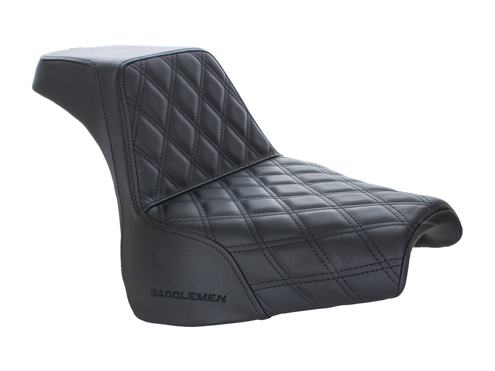 Step-Up LS Dual Seat with Black Double Diamond Lattice Stitch. Fits Fat Bob 2018-2024