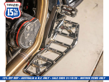 Aggressor Rider Floorboards - Chrome. Fits Touring 1980up, FL Softail 1986-2017 & Dyna Switchback 2012-2016