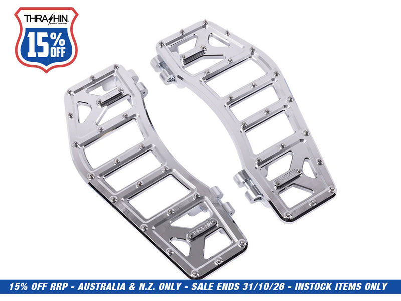 Aggressor Rider Floorboards - Chrome. Fits Touring 1980up, FL Softail 1986-2017 & Dyna Switchback 2012-2016